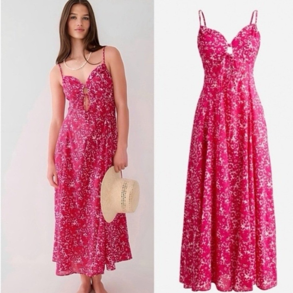 J. Crew Pink‎ Floral Cotton Maxi Dress Keyhole Tie Bust Smocked Back Womens M